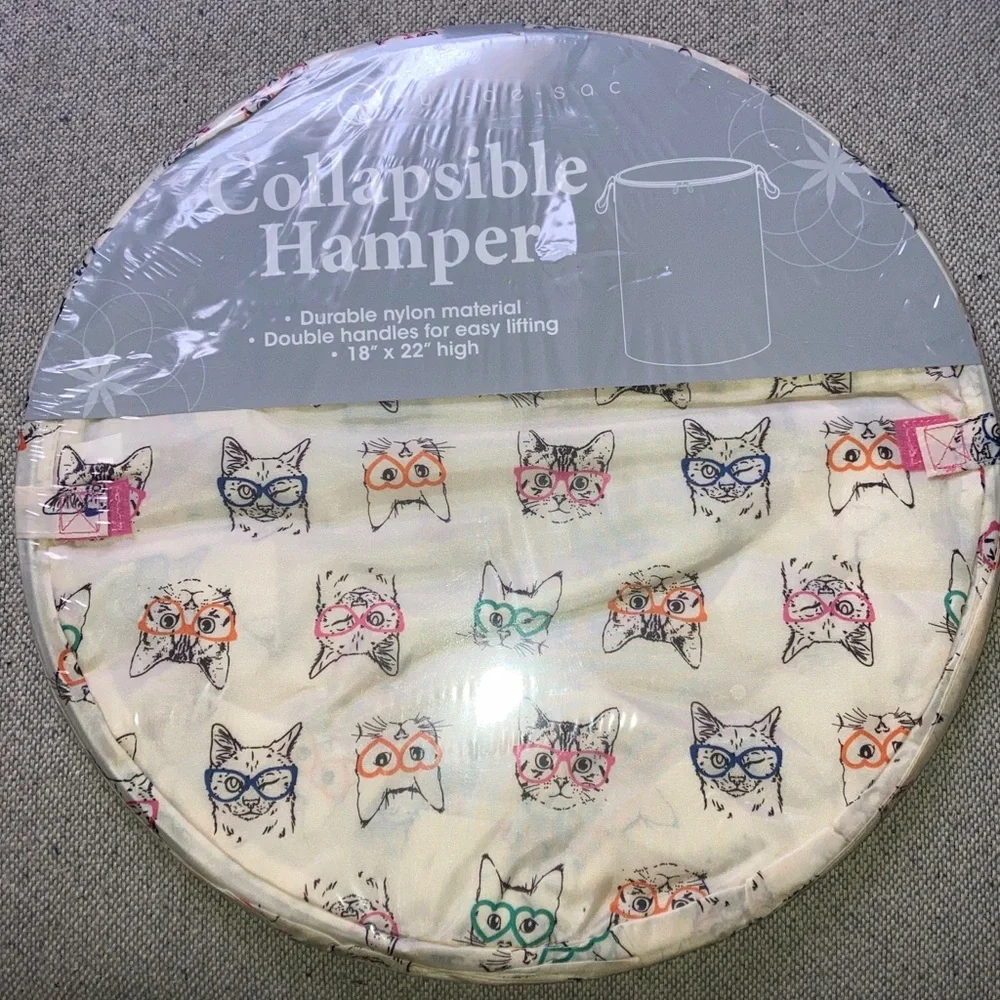 Cat Kitty Print Pop Up Hamper Laundry storage collapsible 18”x 22” Handles New